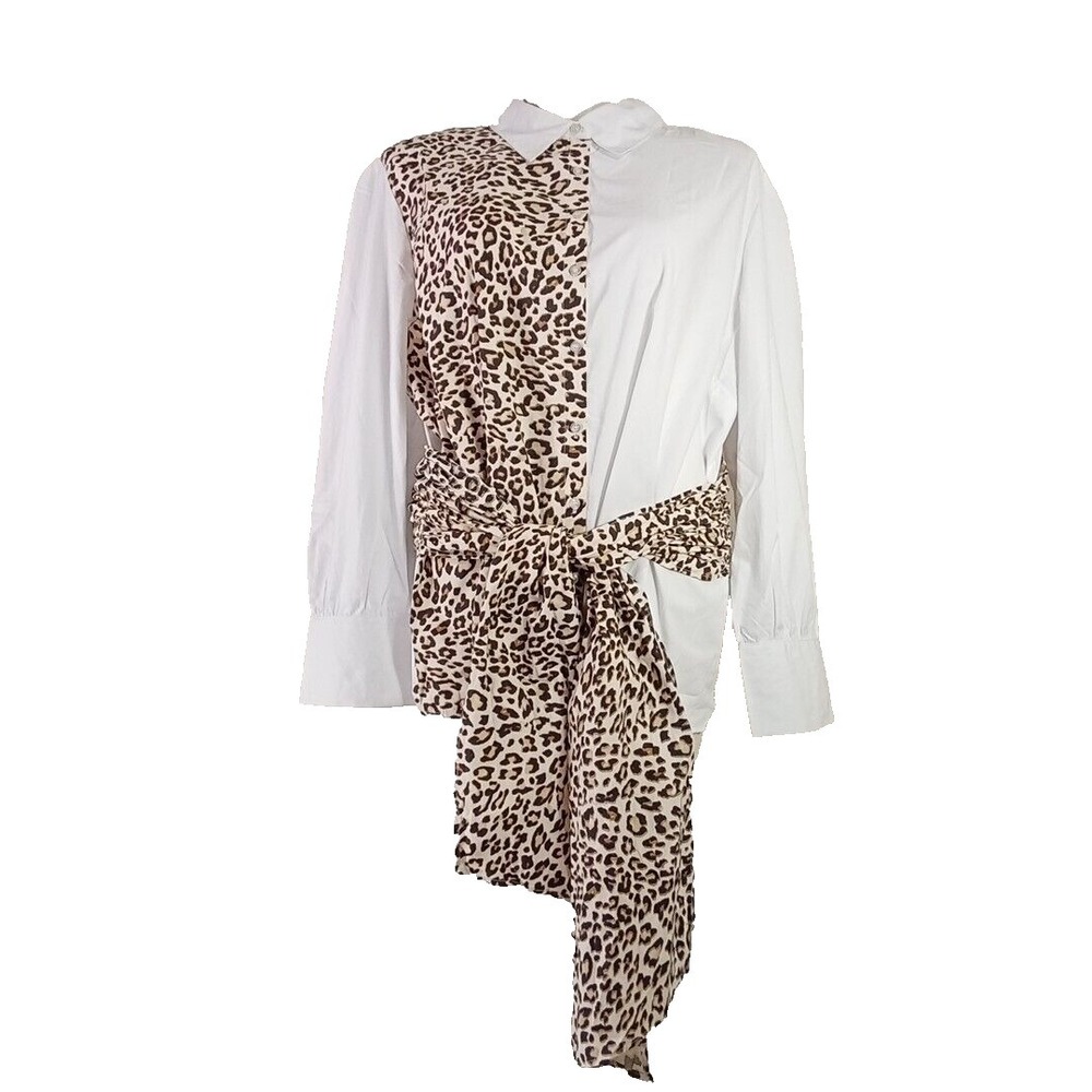 Ashley Stewart Shirt Size 24 Animal Print White Button Sash Bow Long Sl Business